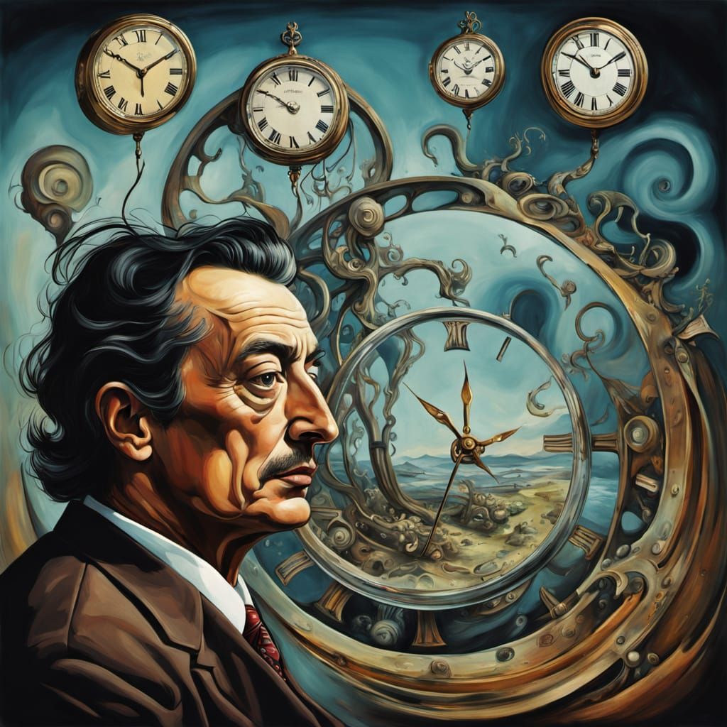 Surreal Man Clenches Stomach Amidst Melting Clocks