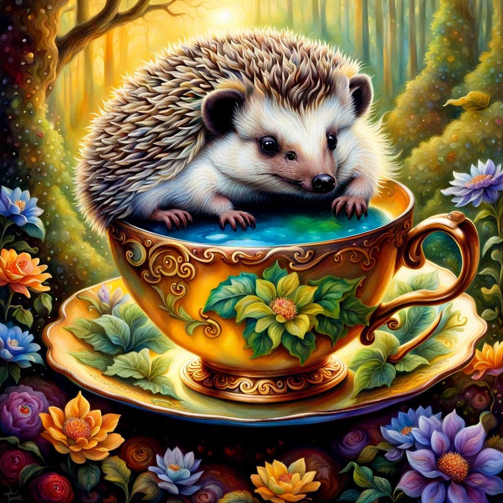 Hedgehog Drinking Coffee in Teacup Oil Painting