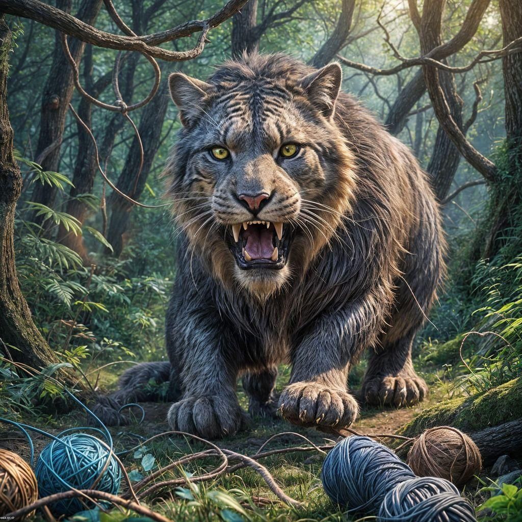 Saber-Toothed Cat Amused by Yarn: Fantasy Art