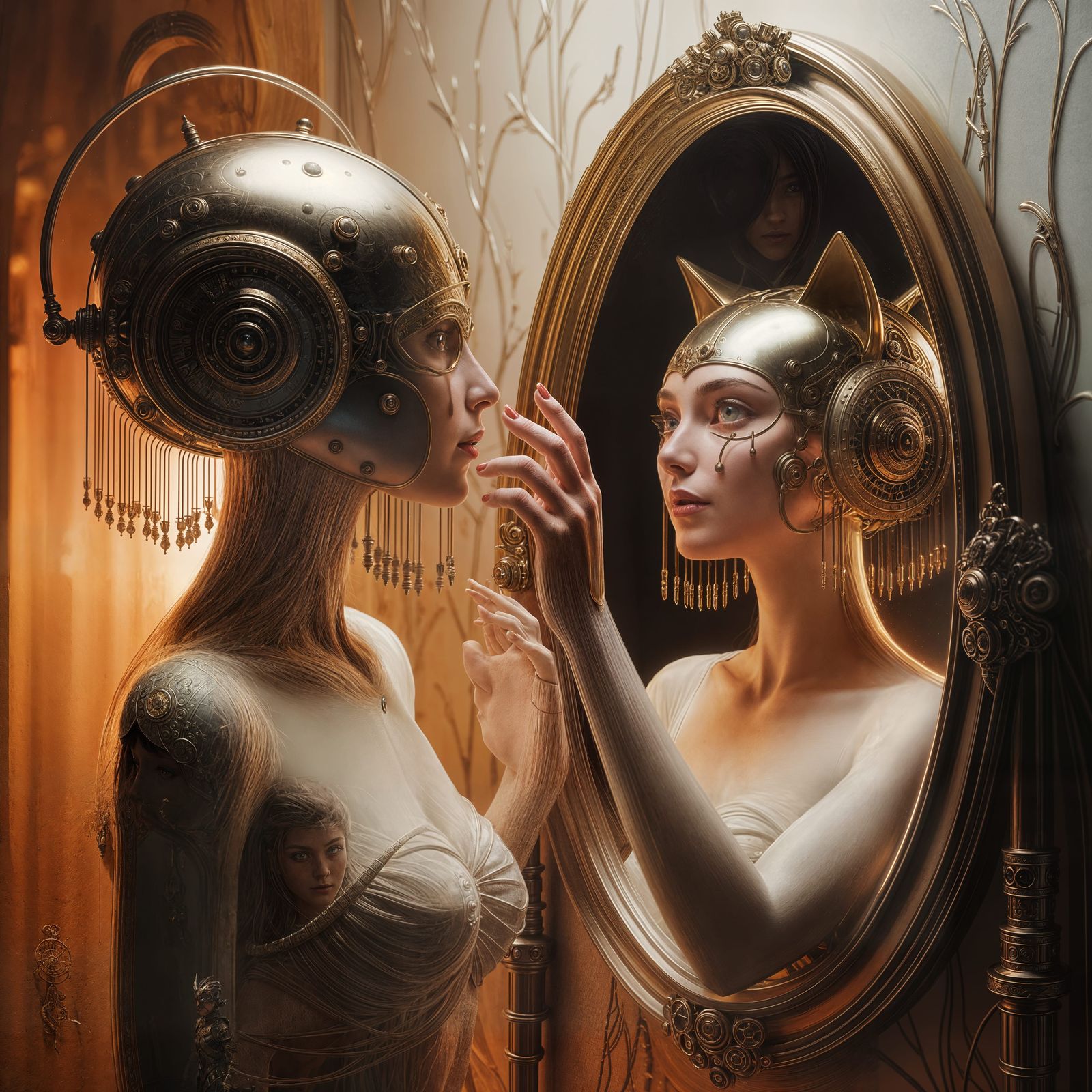 Futuristic Helmet Beside Reflecting Semi-Human