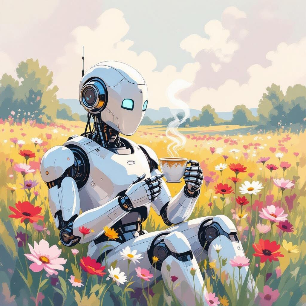 Robot Enjoys Coffee in Flower Field, Watercolor Style