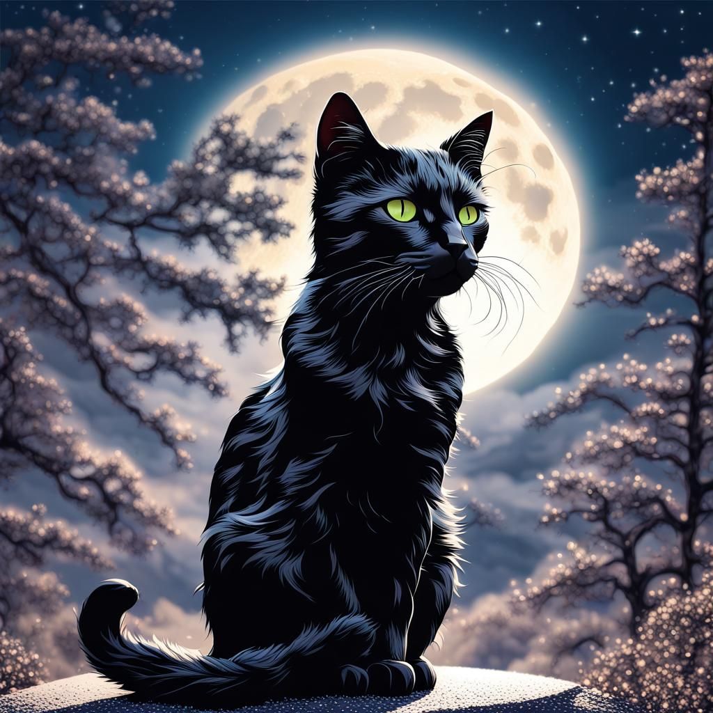 Magical Black Cat Silhouette Under Full Moon