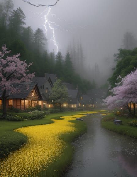 Mystical Rainy Village Scene in Sumi-e Style