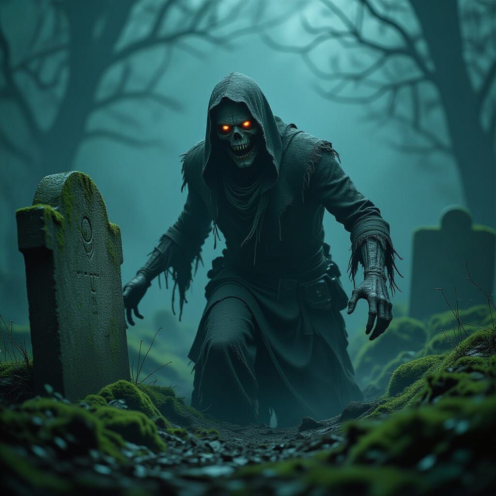 Undead Rises from Grave with Dramatic Lighting