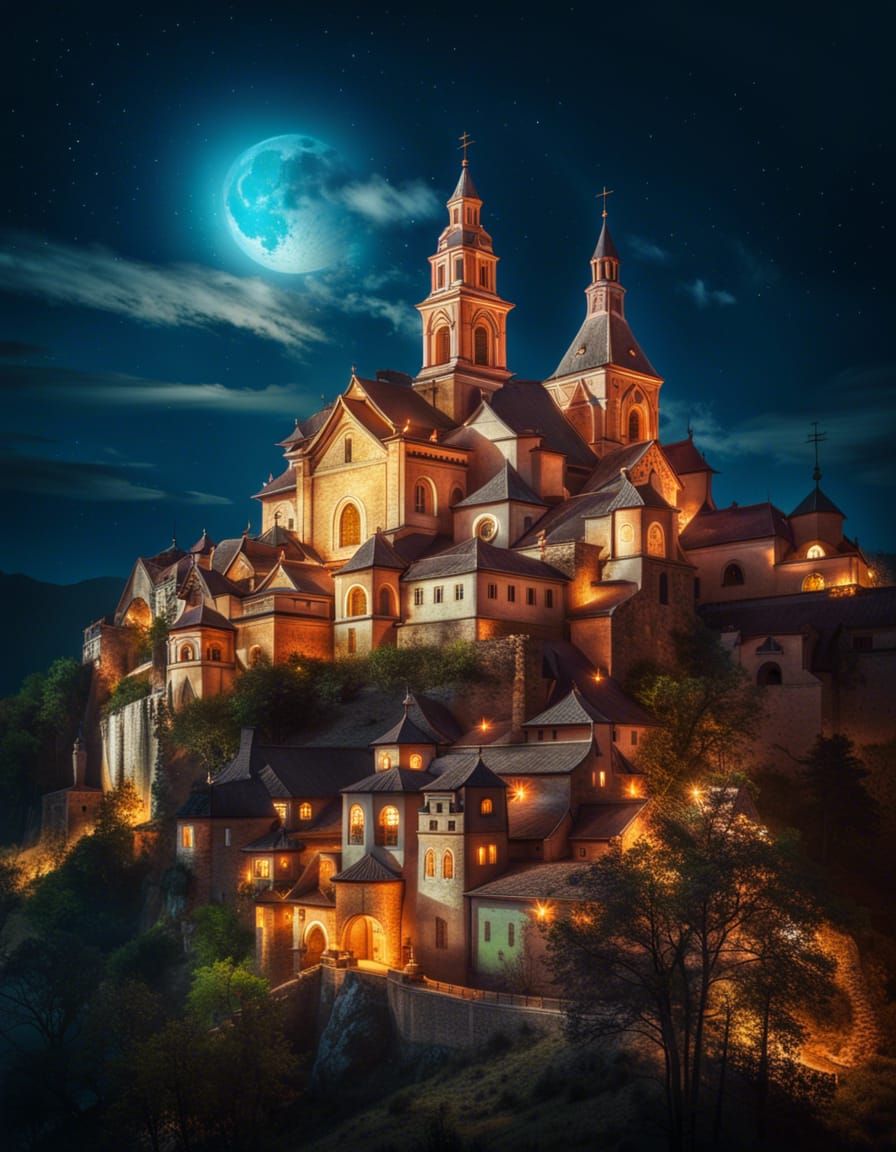 Mystical Monastery in Enchanting Town at Midnight