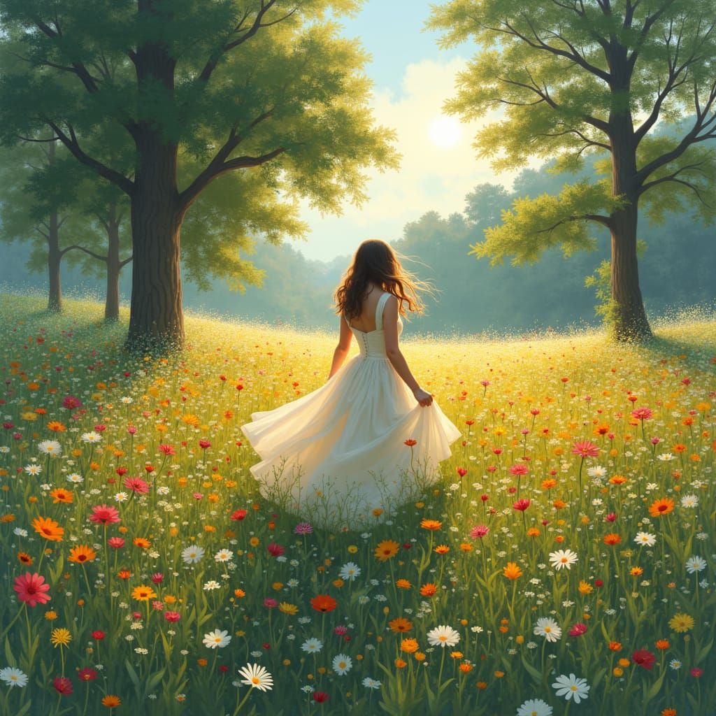 Woman in Wildflower Field: Impressionist Style