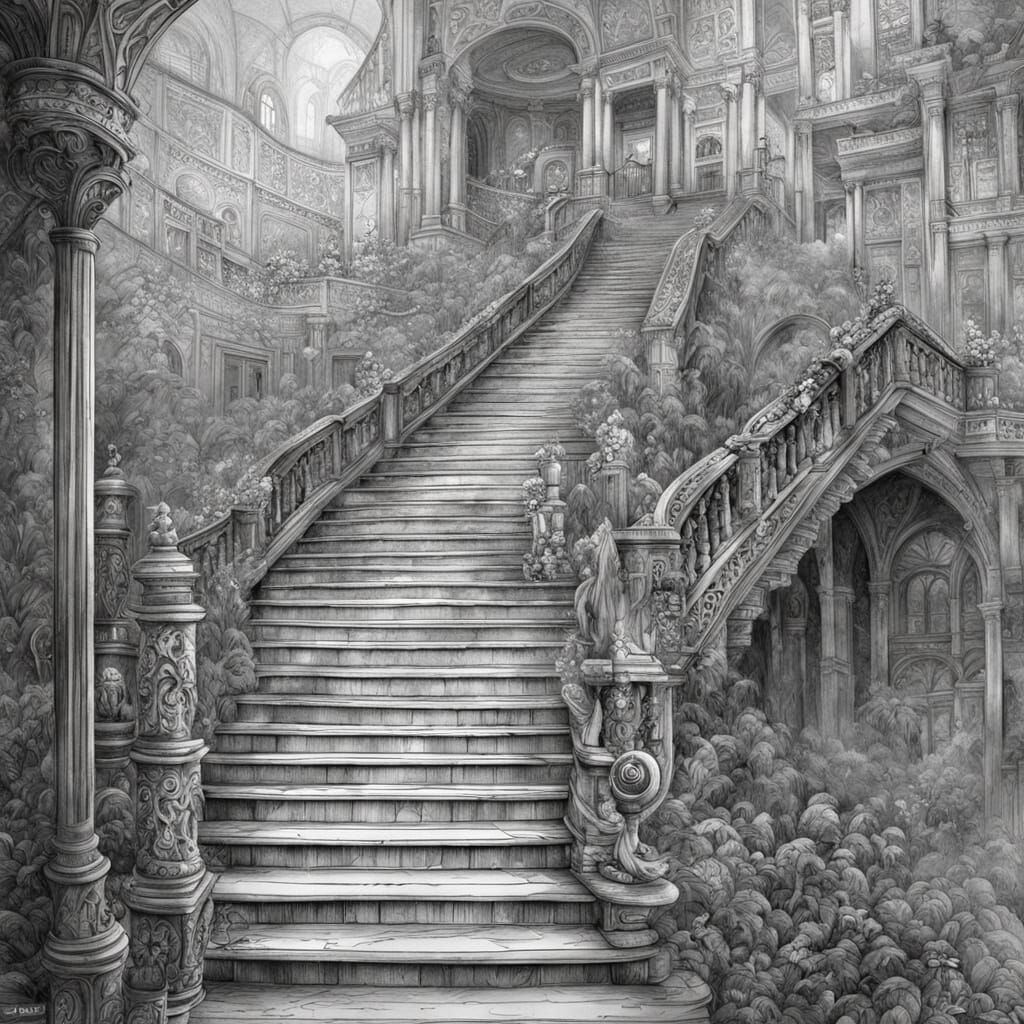 Detailed Pencil Drawing of an Enchanted Staircase