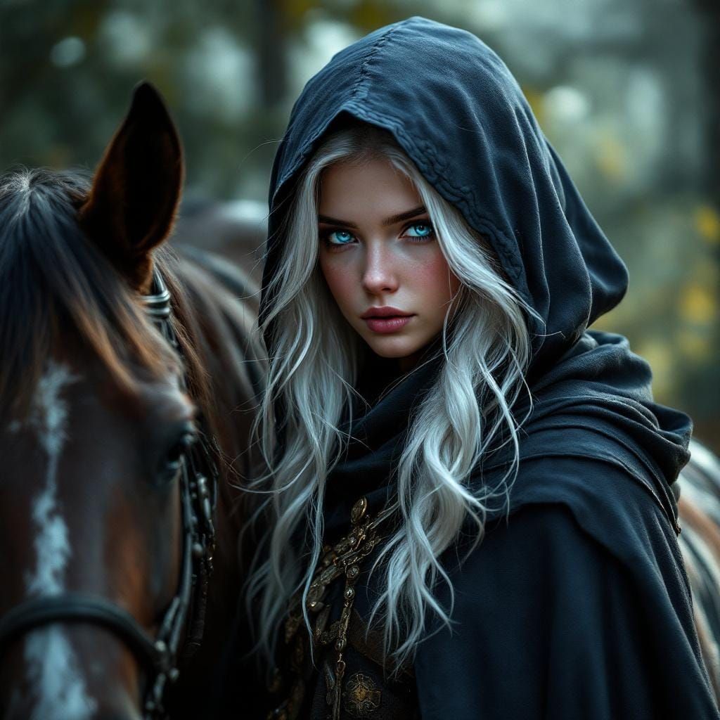 Hooded Ranger Girl in Lush Forest, Hyperrealistic Style