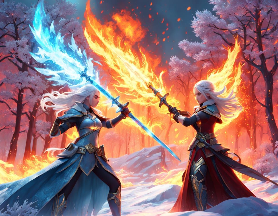 Swords of Elemental Fury Clash in Cinematic Fantasy