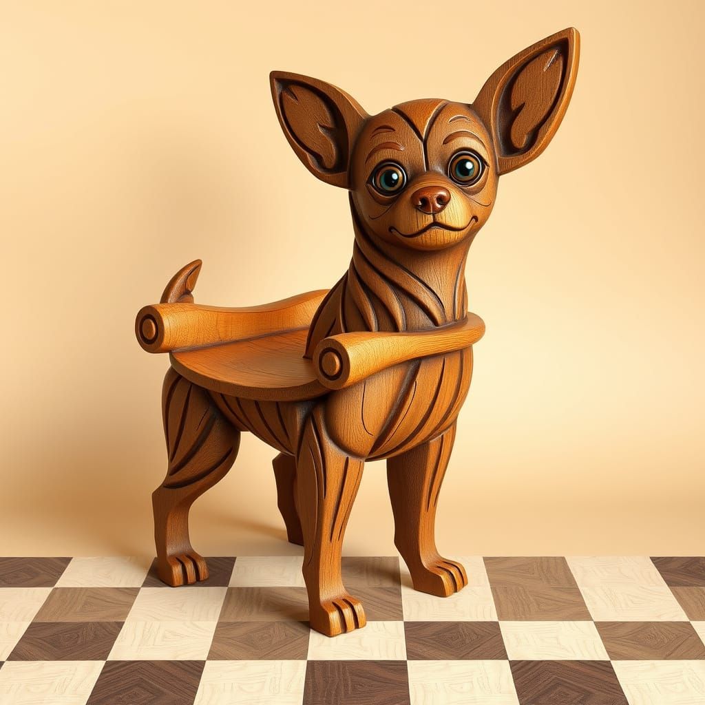 Whimsical Wooden Chihuahua Chair in Miyazaki's Playful Style