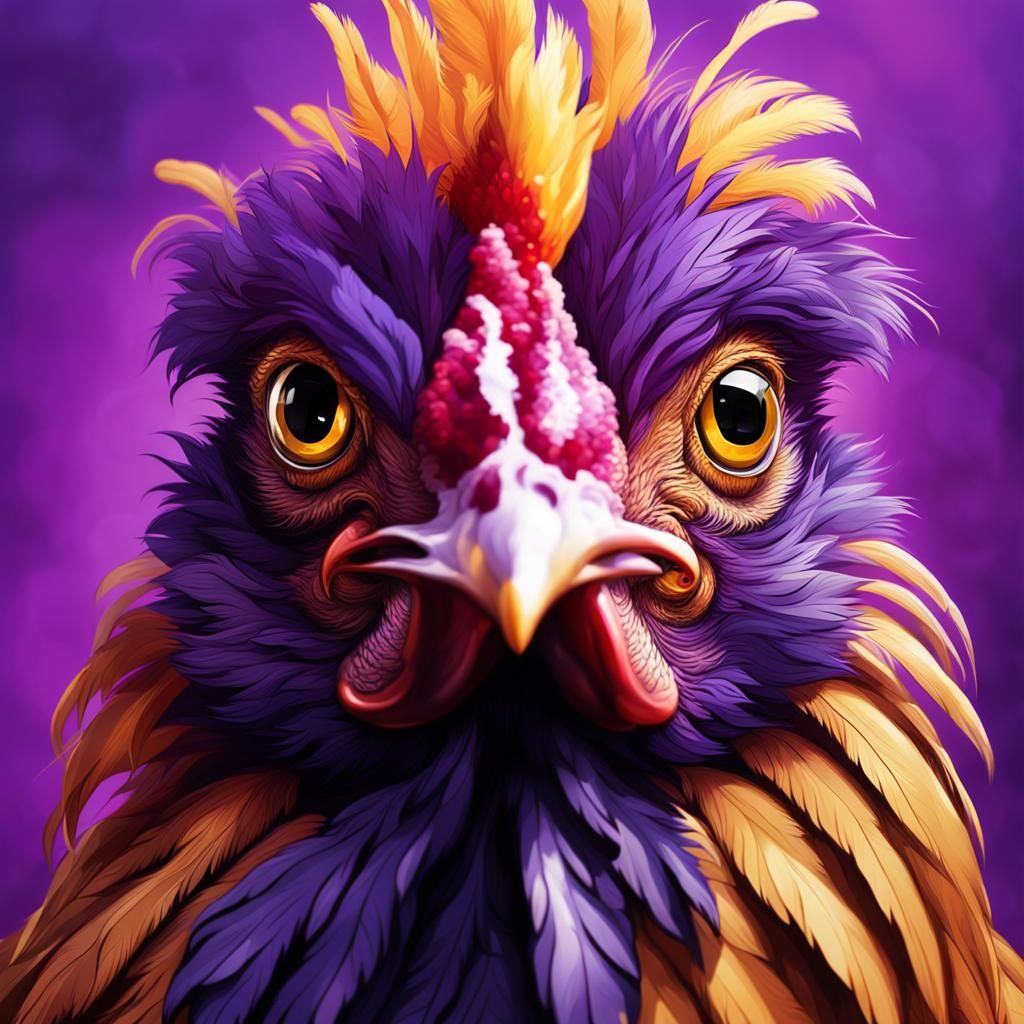 Hyperrealistic Chicken with Purple and Gold Feathers
