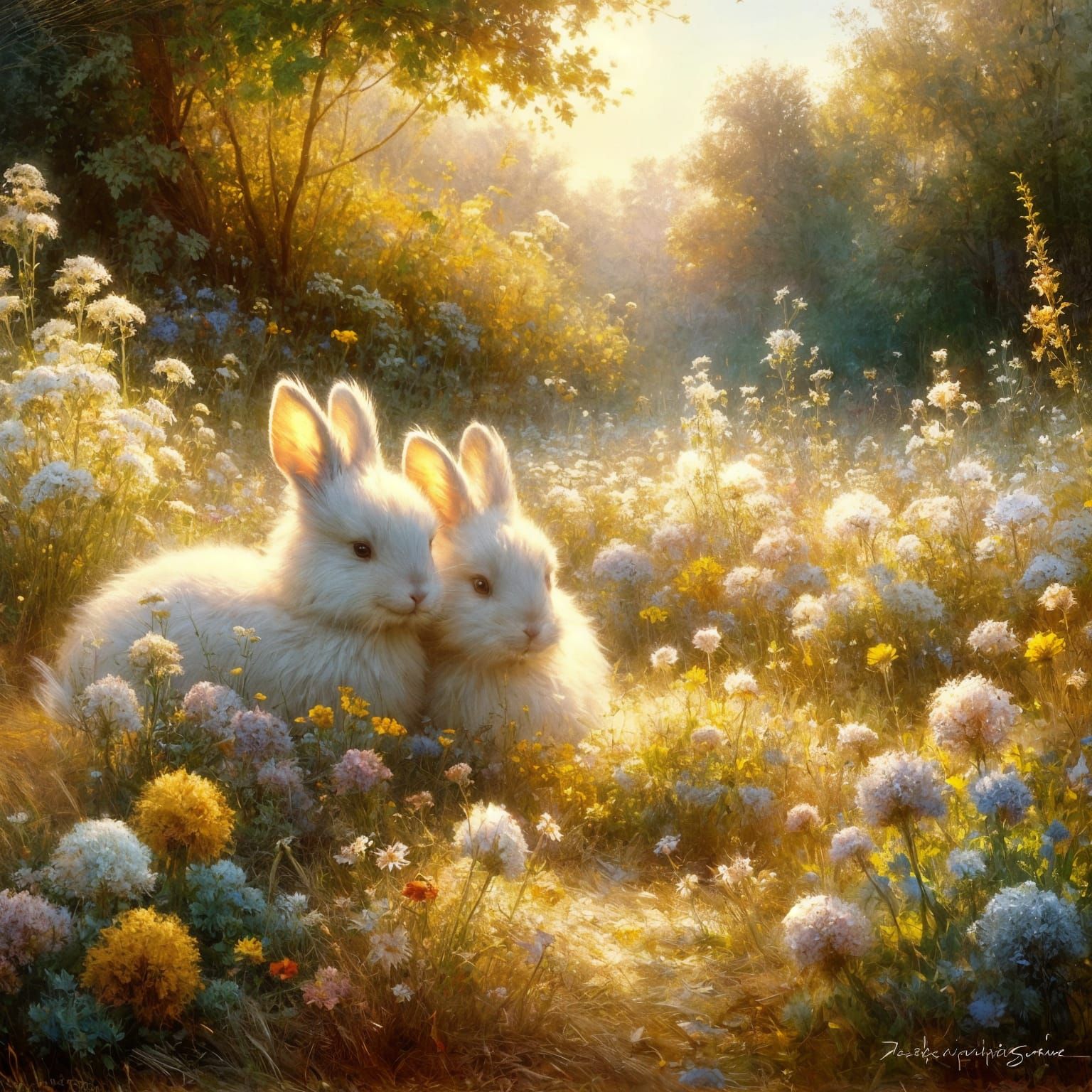 Fluffy Rabbits in Sunlit Meadow Impressionist Style