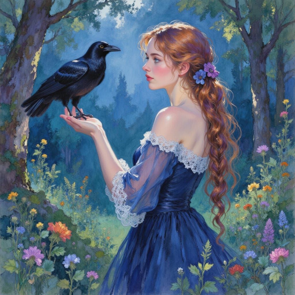 Woman Holds Raven in Mystical Forest Watercolor