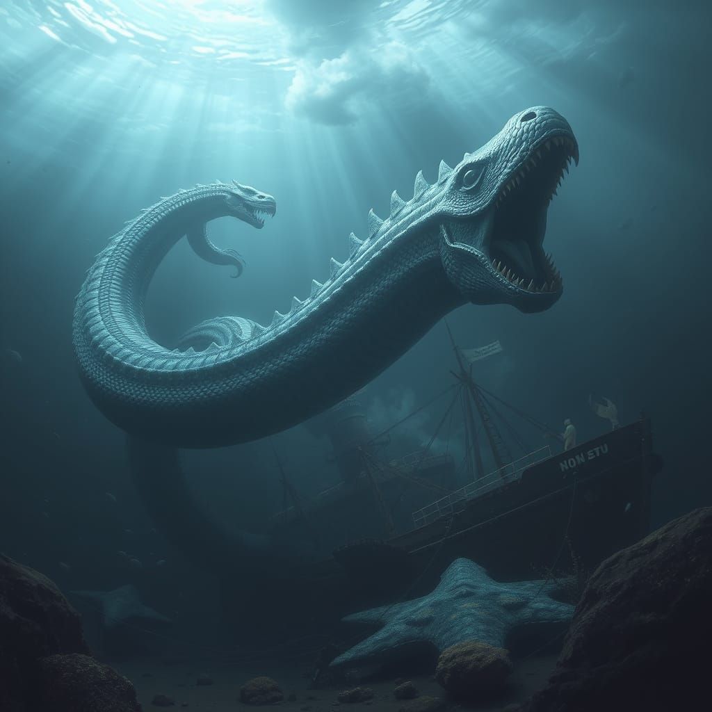 Giant Sea Serpent Over Sunken Ship