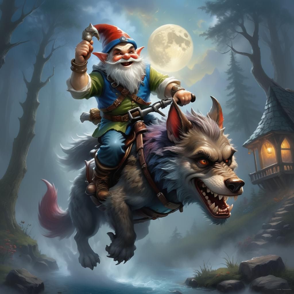 Gnome Rides Werewolf in Ethereal Fantasy Style