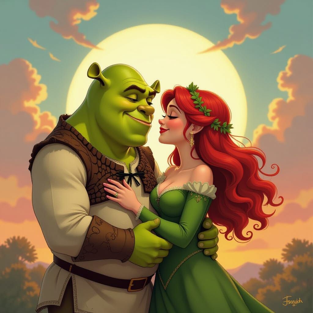 Shrek and Fiona Kissing at Sunset, Inspired Artwork