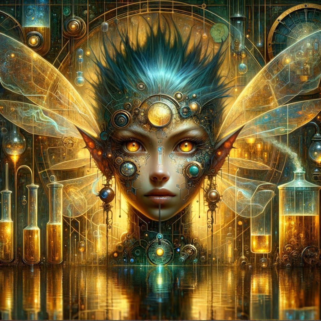 Steampunk Fairy in Mirrored Laboratory: Digital Decay Art