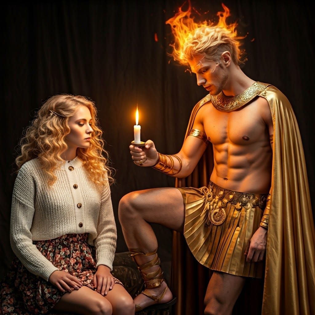 Serene Goddess Surrounded by Fiery Knight in Whimsical, Anci...