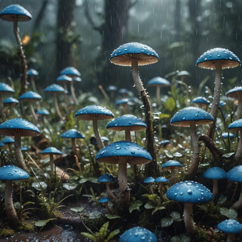 Luminous Blue Mushroom in Rainy Digital Painting