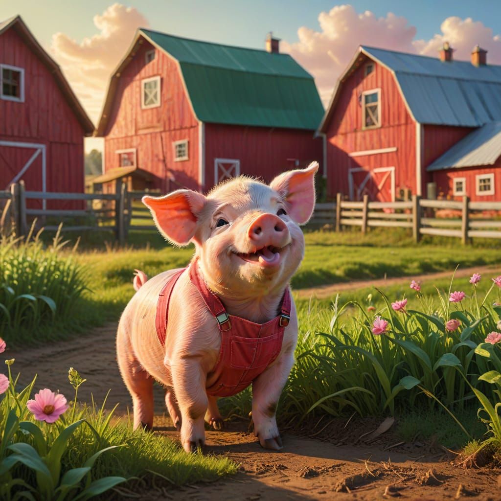 Joyful Piglet on a Sunny Farm in Whimsical Illustration Styl...
