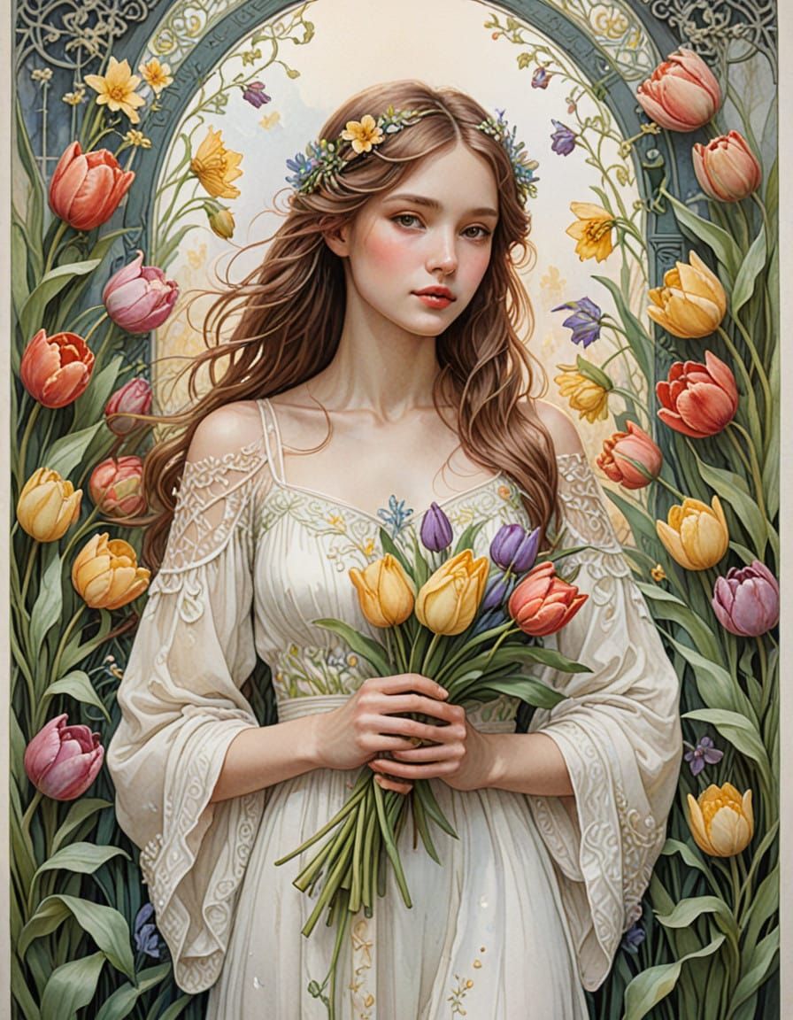 Ethereal Art Nouveau Goddess of Springtime