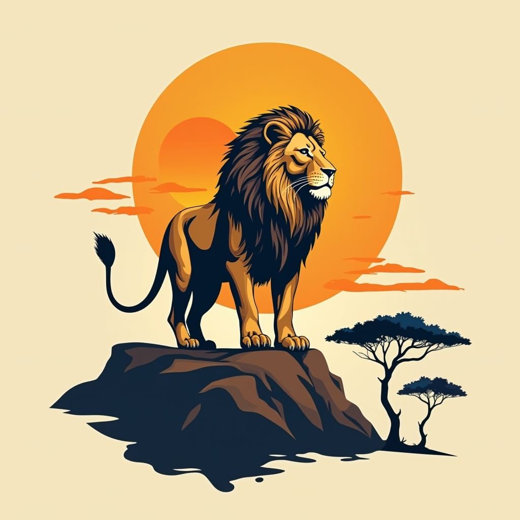 Regal Lion with Human Face, Standing Proud on Rocky Cliff in...