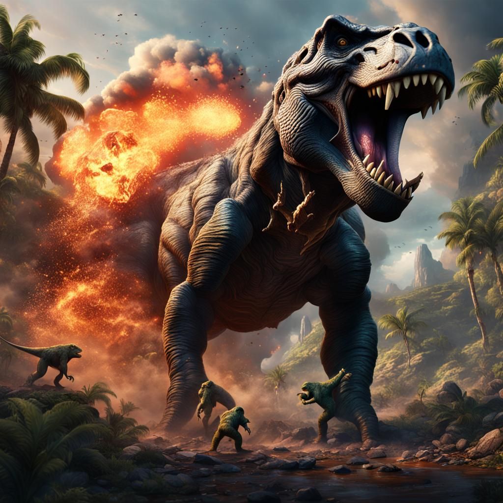T-Rex Feast: Gorilla Snack in Explosive Fantasy Art