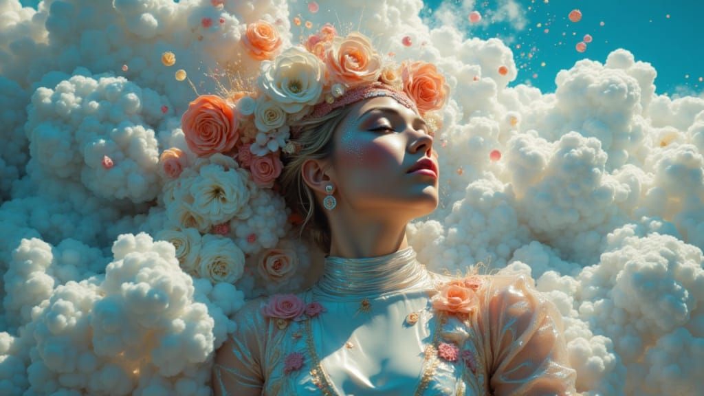 Figure Reaching for Ethereal Clouds in Concept Art Style