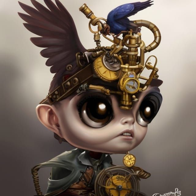Chibi Steampunk Boy Portrait in Detailed Oil Painting