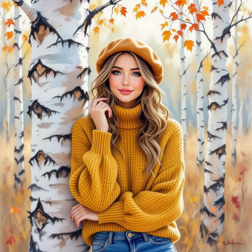 Woman in Autumn Birch Grove, Expressive Realism Style