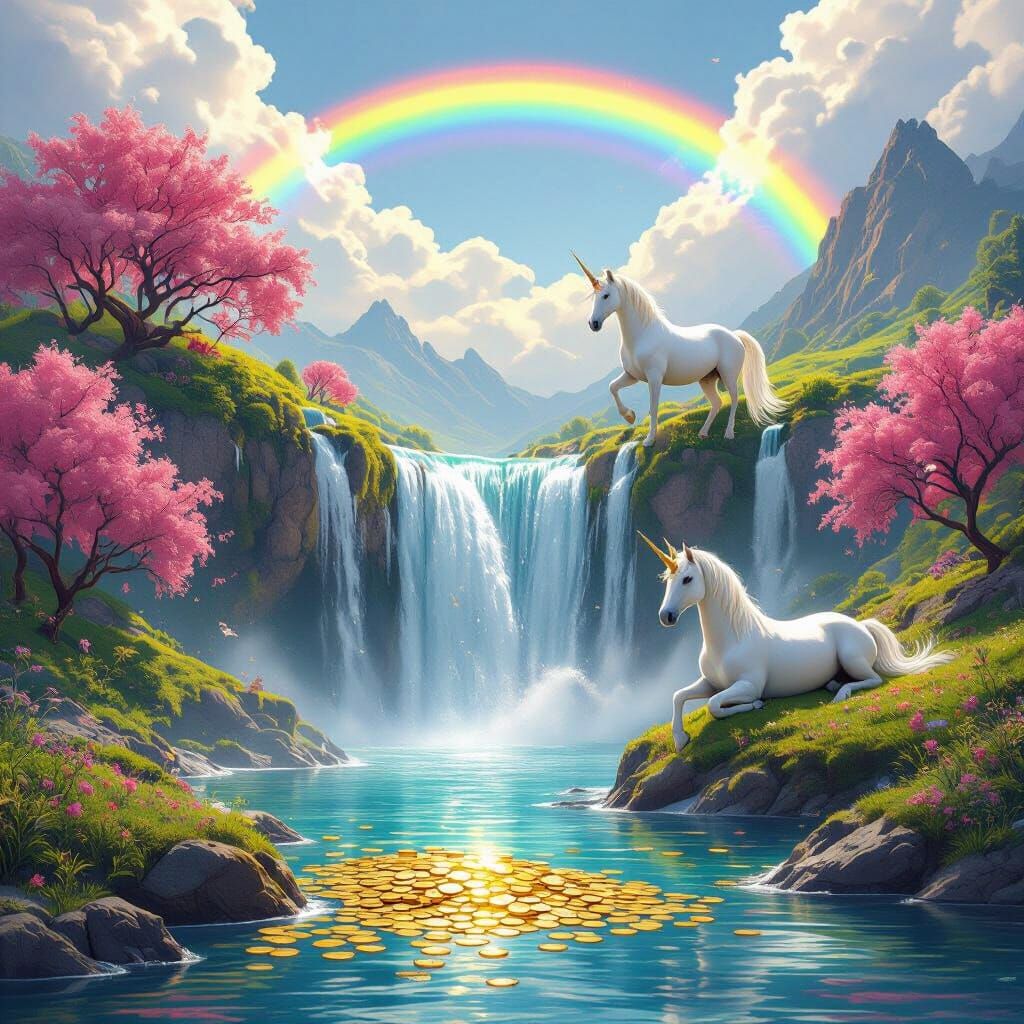 Magical Waterfall With Unicorn and Rainbow