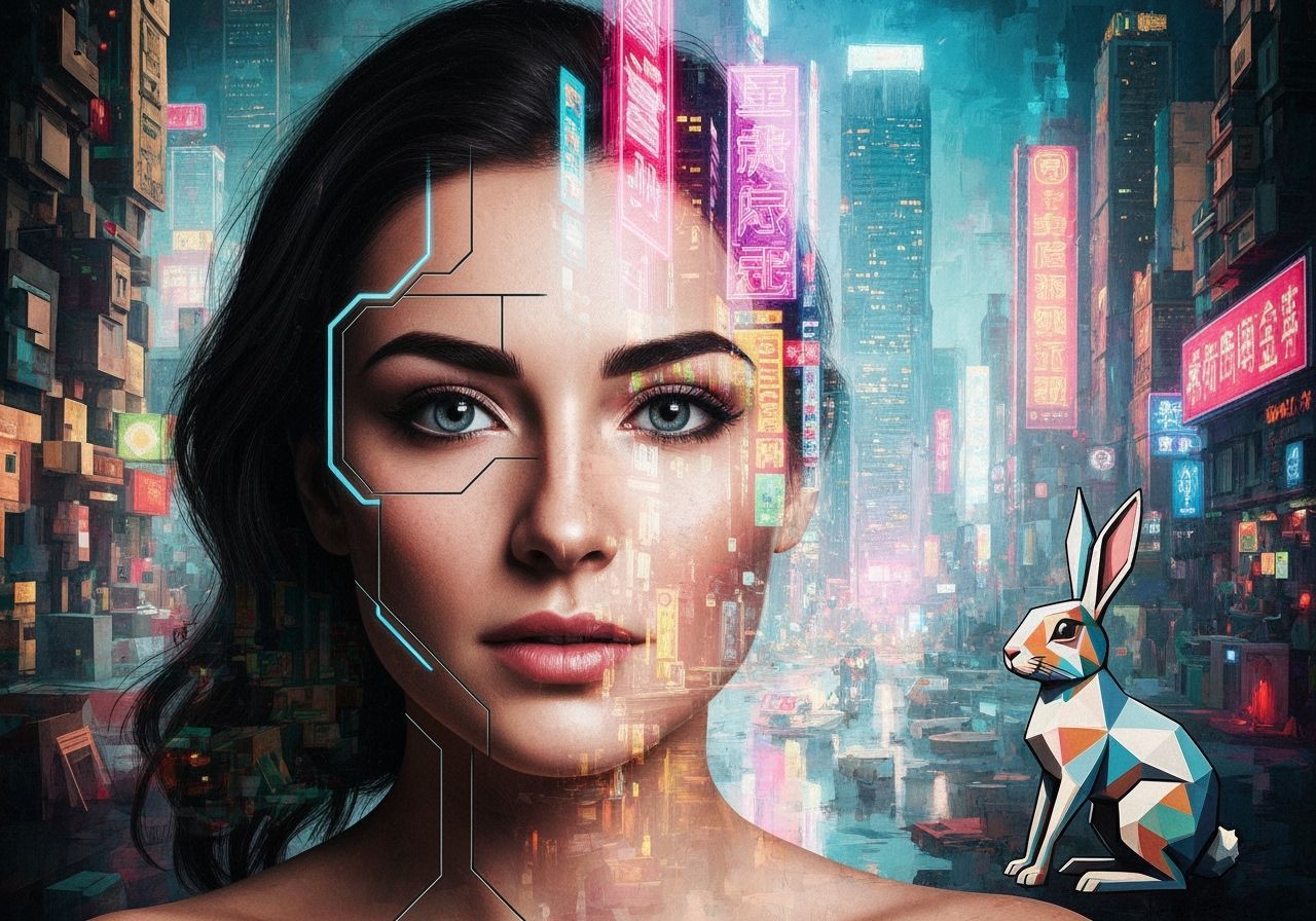 Surreal Double Exposure Portrait Merging Woman With Cityscap...