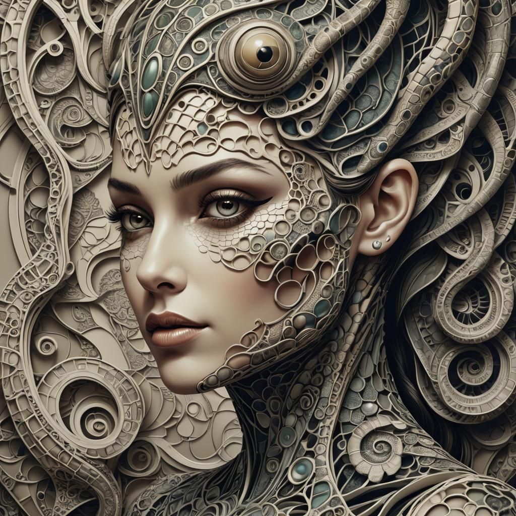 Lady and Reptile Monster in Retro-Futuristic Style