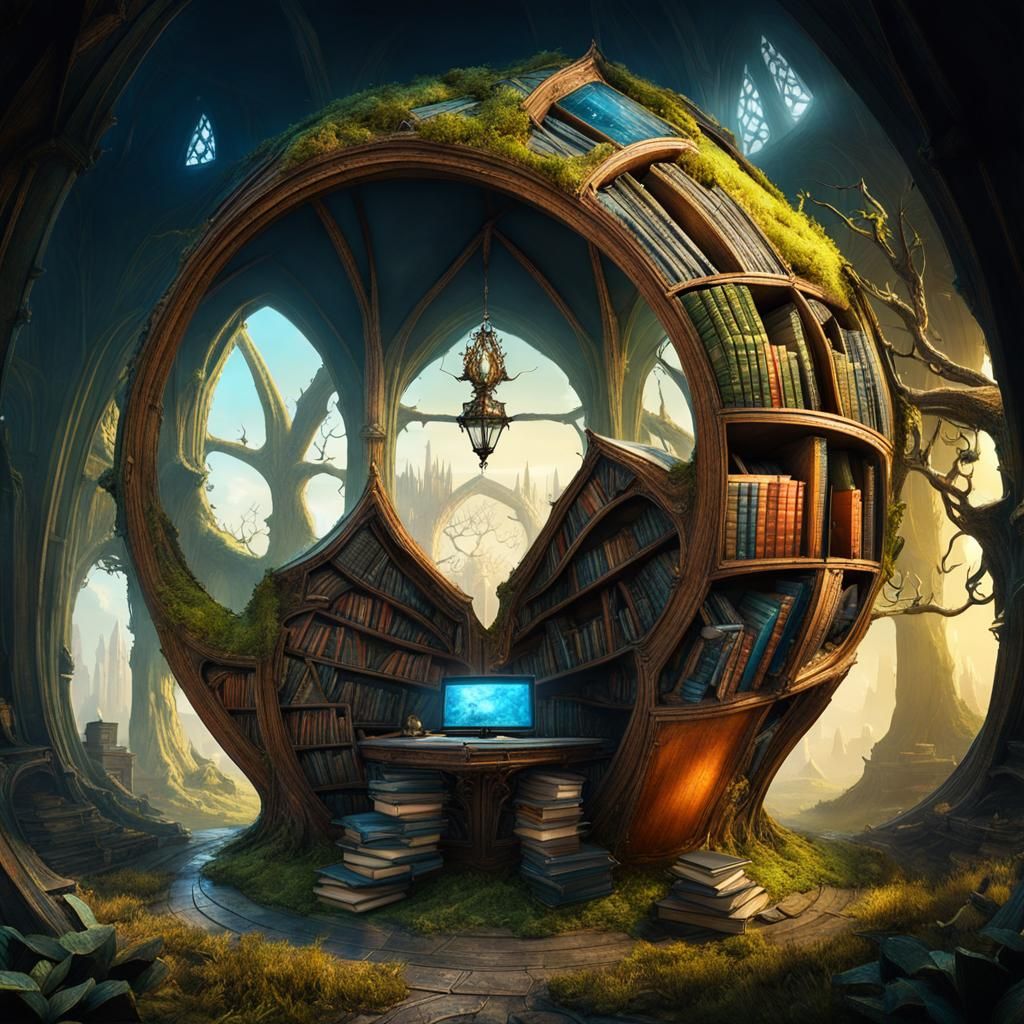 Fantasy Library Inside Giant Oak Tree, Digital Art