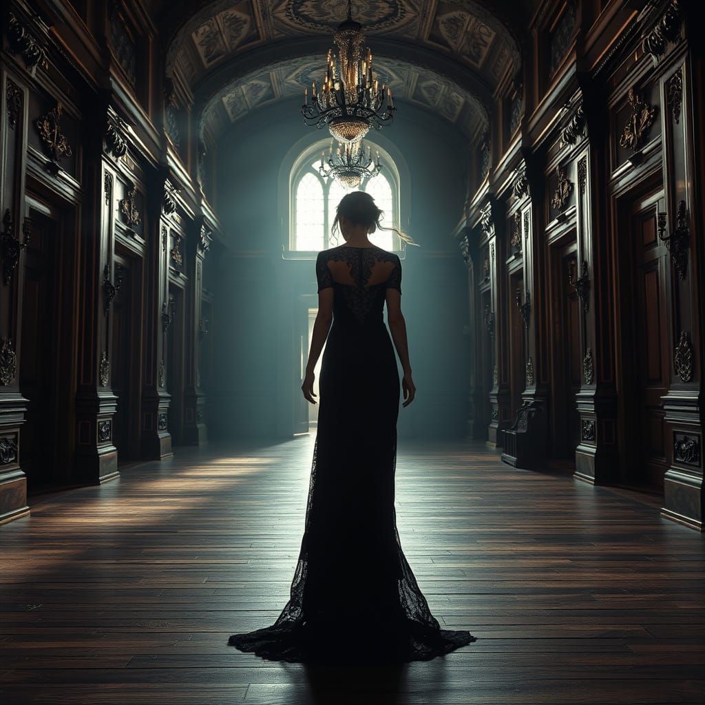 Ethereal Woman Explores Baroque Mansion in High-Contrast HDR