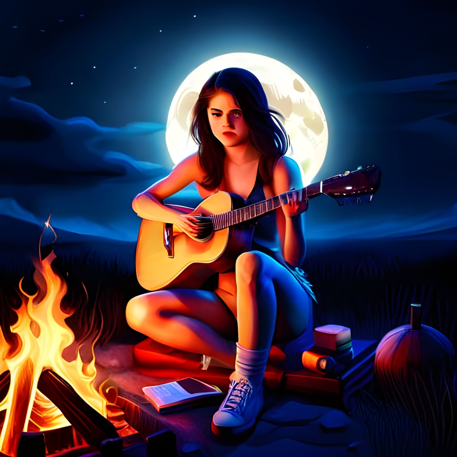 Selena Gomez plays a guitar near campfire