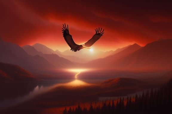 Bald Eagle and Mountain Lion in Dark Fantasy Landscape