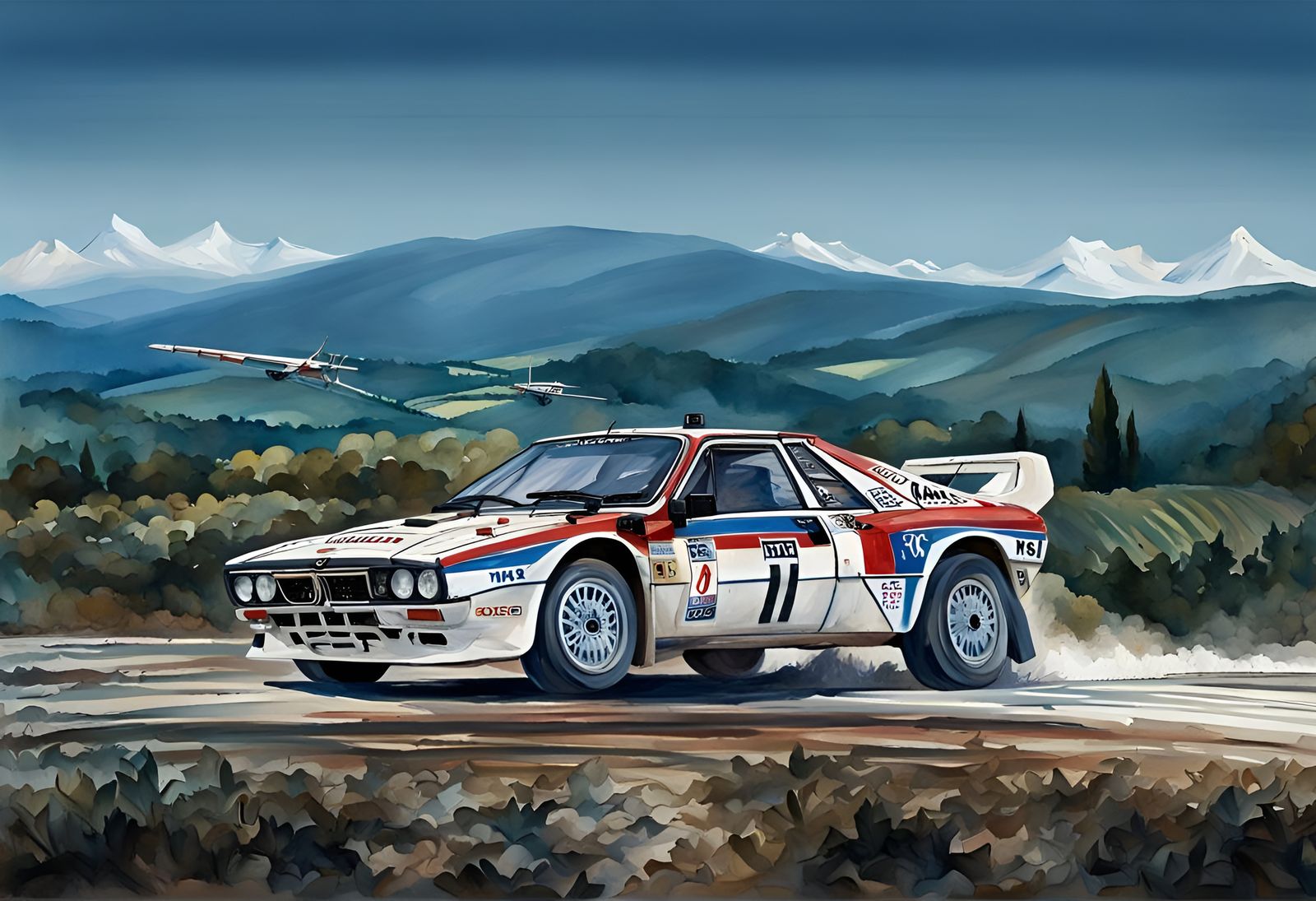 Lancia Rally Cars Racing in Gouache Watercolor Style