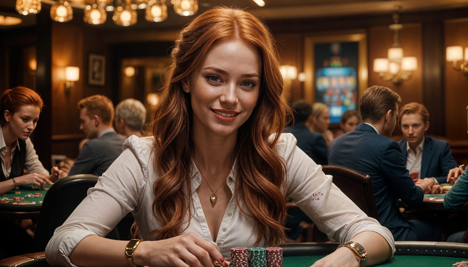 Beautiful Redhead at Poker Table in High Resolution