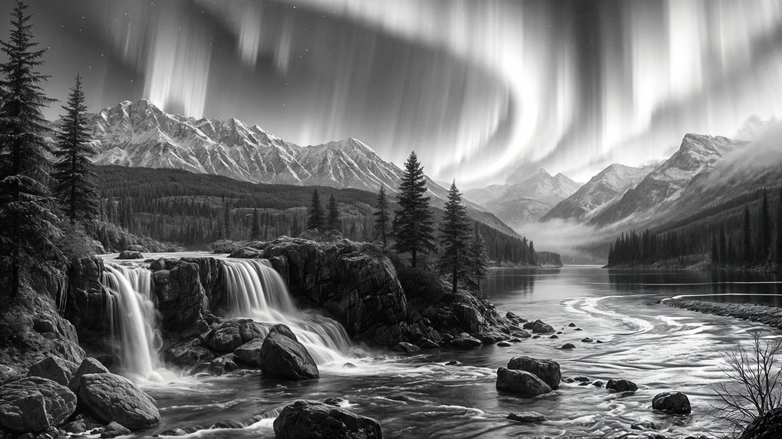 Majestic River and Waterfall Under Aurora Borealis