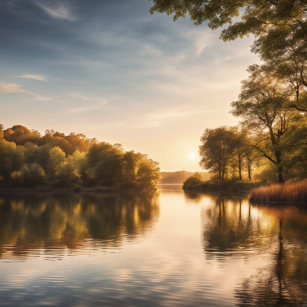 Serene Lake at Golden Hour: Photorealistic Landscape