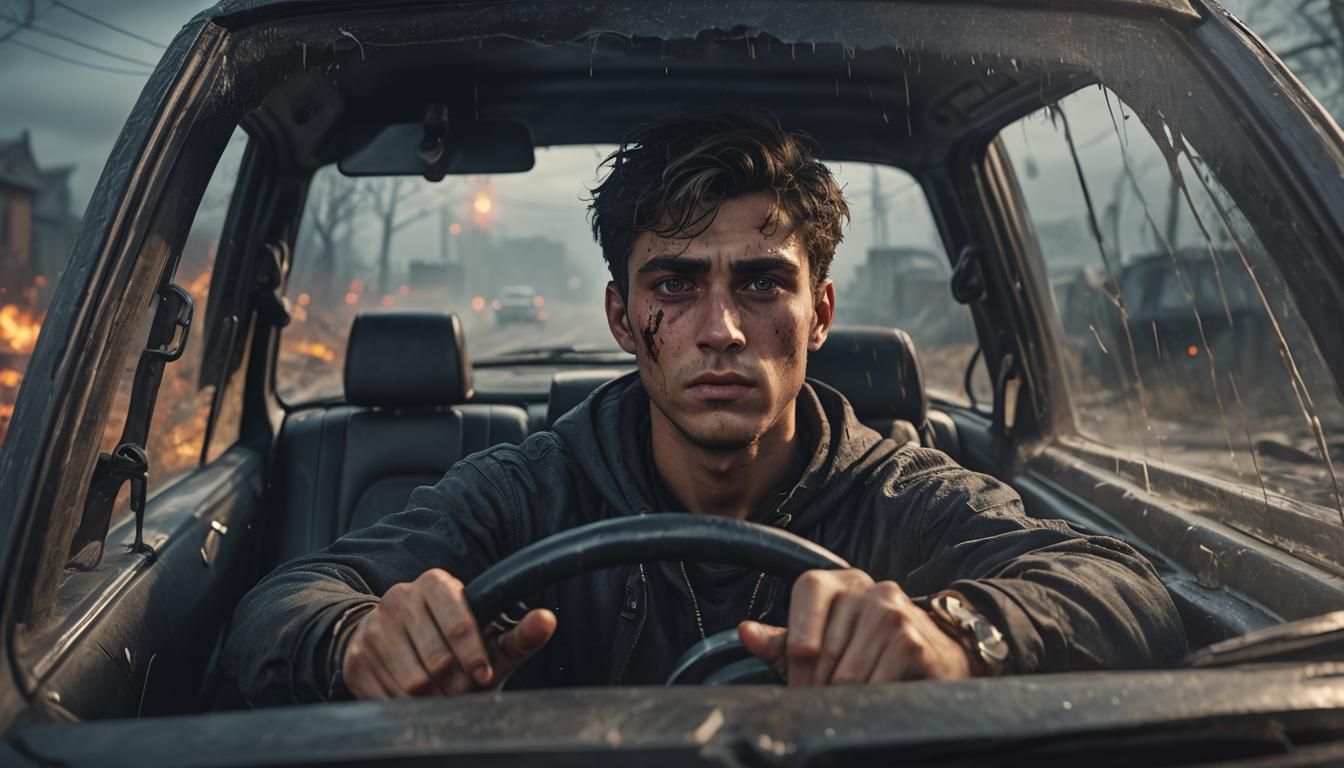 Tired Man Driving: Dark, Spooky Fantasy Art