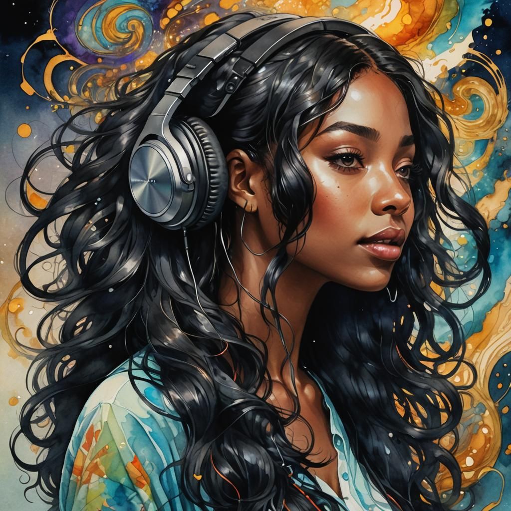 Black Woman Listening to Music in Fairytale Setting