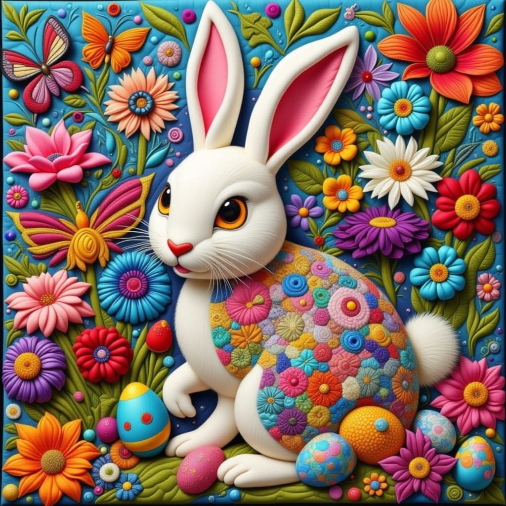 Quilted Fabric Art of a Rabbit in Floral Garden