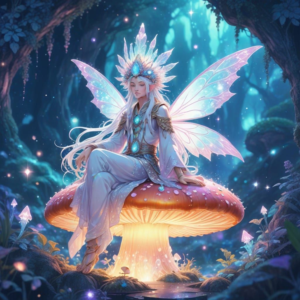 Ethereal Manga Fairy on Mushroom with Glowing Crystals
