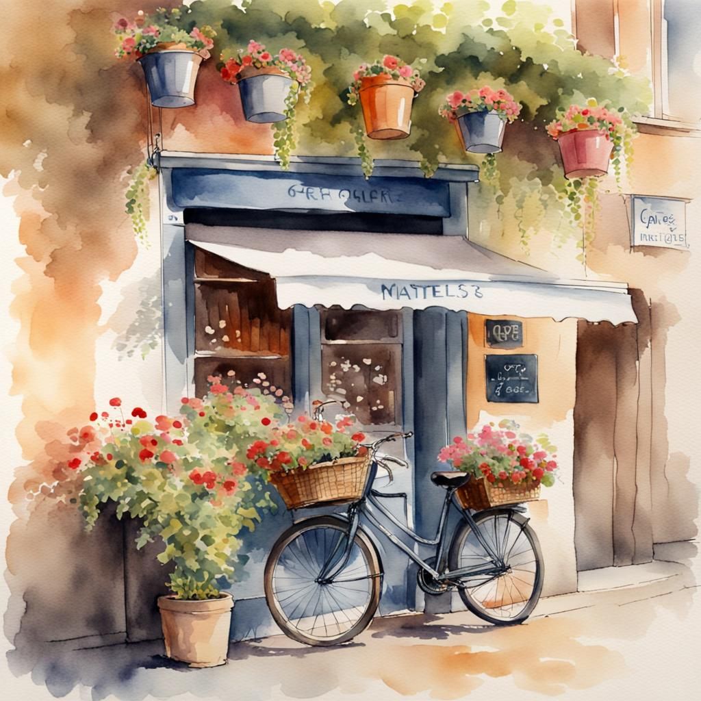 French Cafe in Watercolor with Bicycle and Baskets