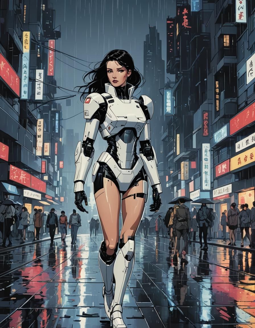 Cyborg and Robot in Rainy Cyberpunk City