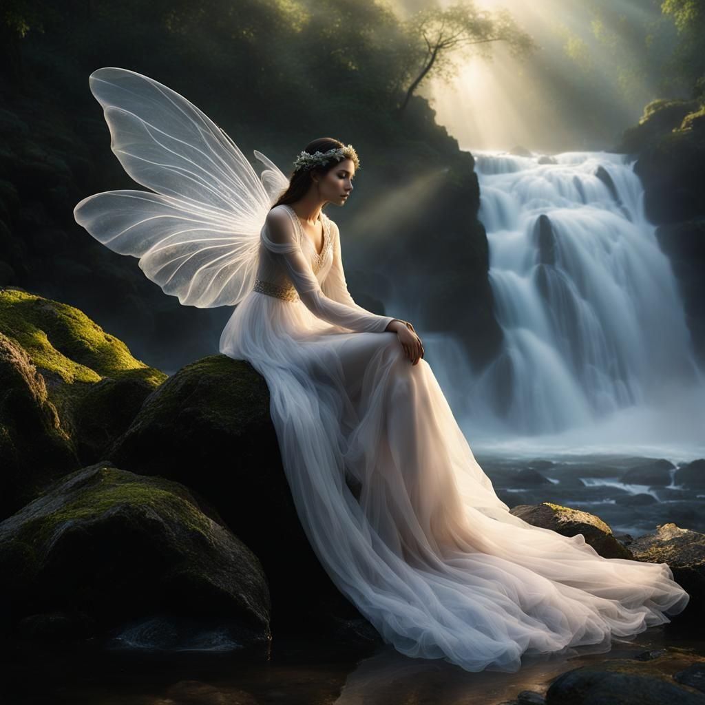 Ethereal Winged Figure by Waterfall in Mystical Setting