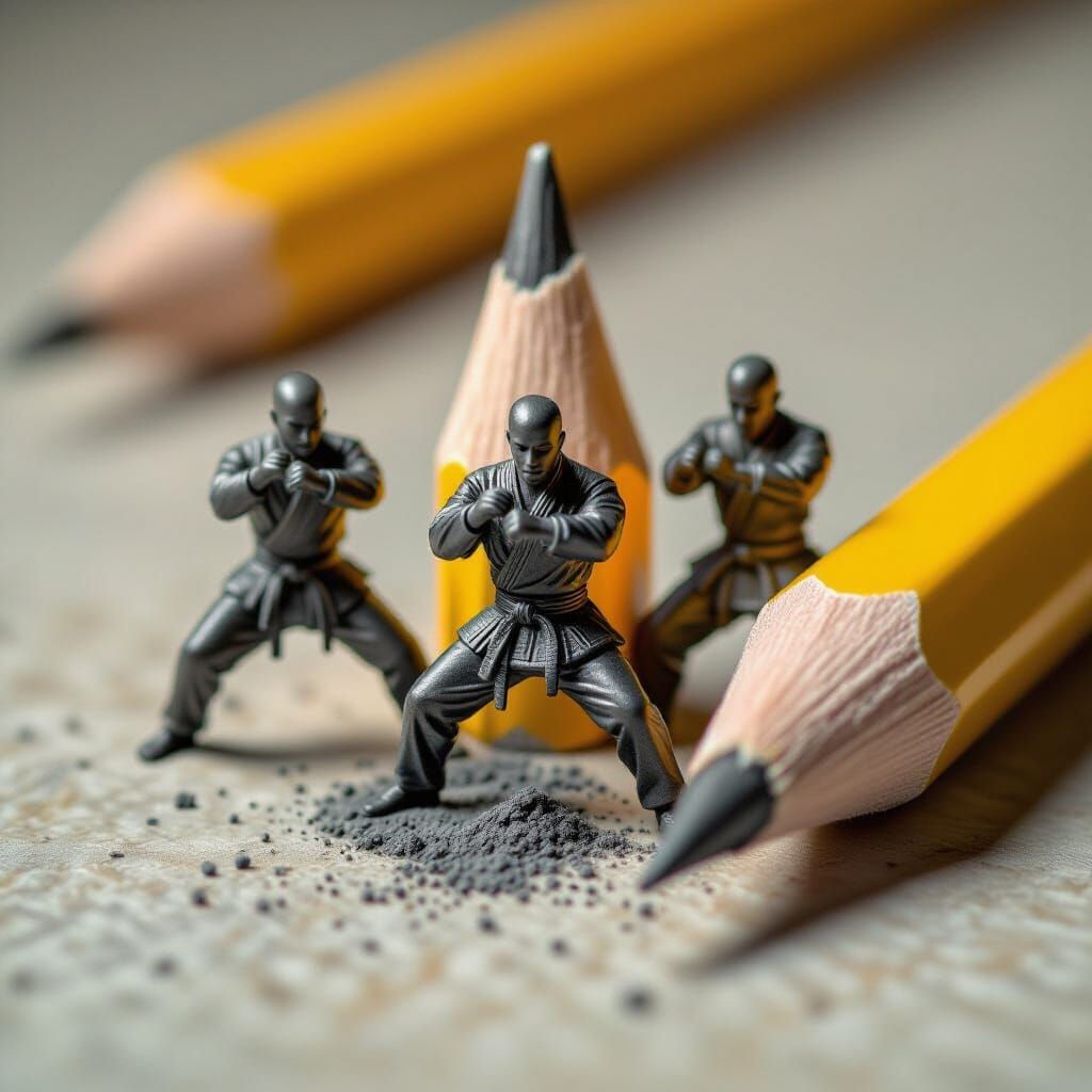 Macro Photo of Pencils with Carved Martial Artists