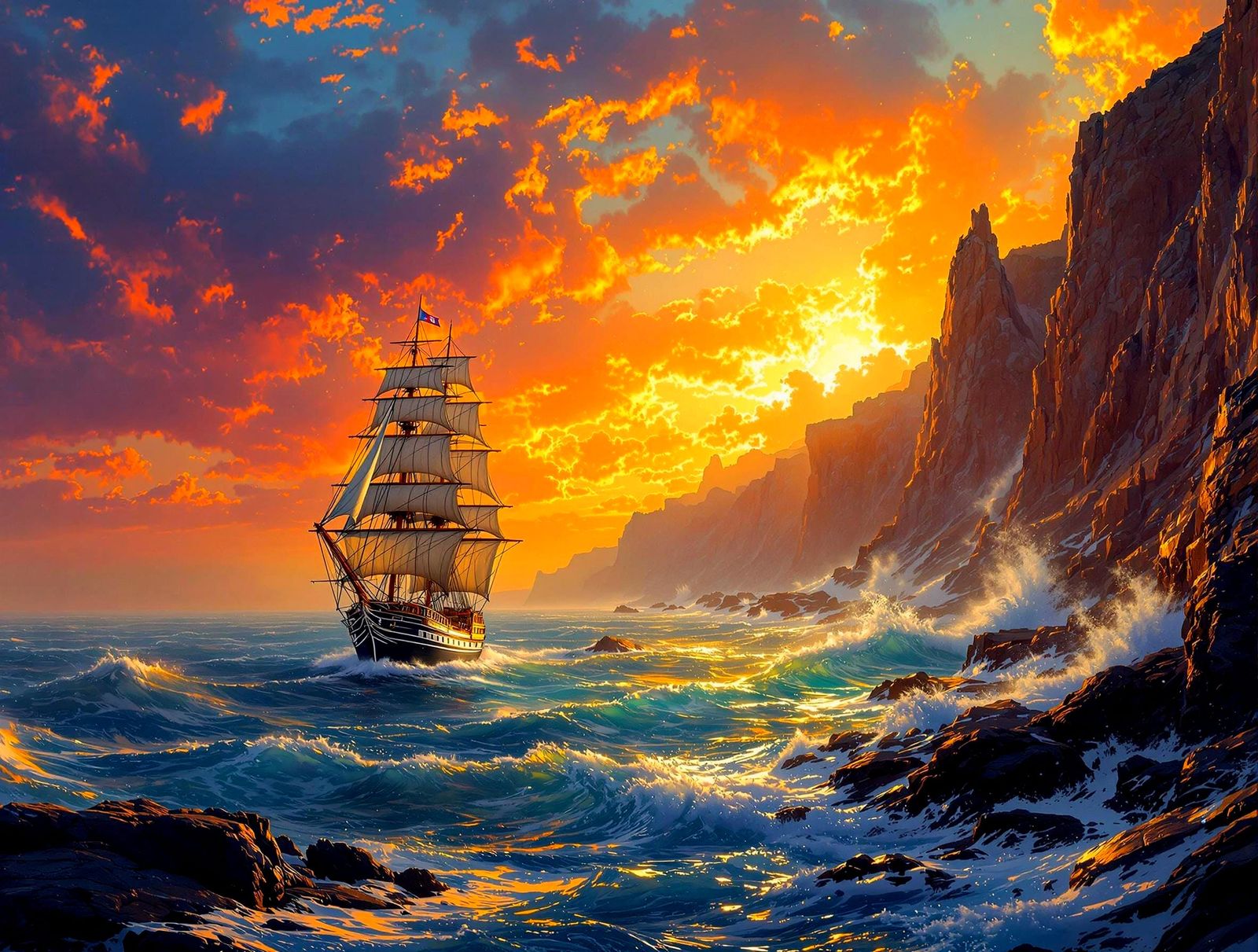 Schooner Amidst a Brilliant Sunset